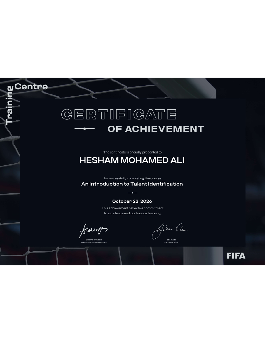 FIFA Training Centre certificate of achievement awarded to Hesham Mohamed Ali for An Introduction to Talent Identification, October 22, 2026