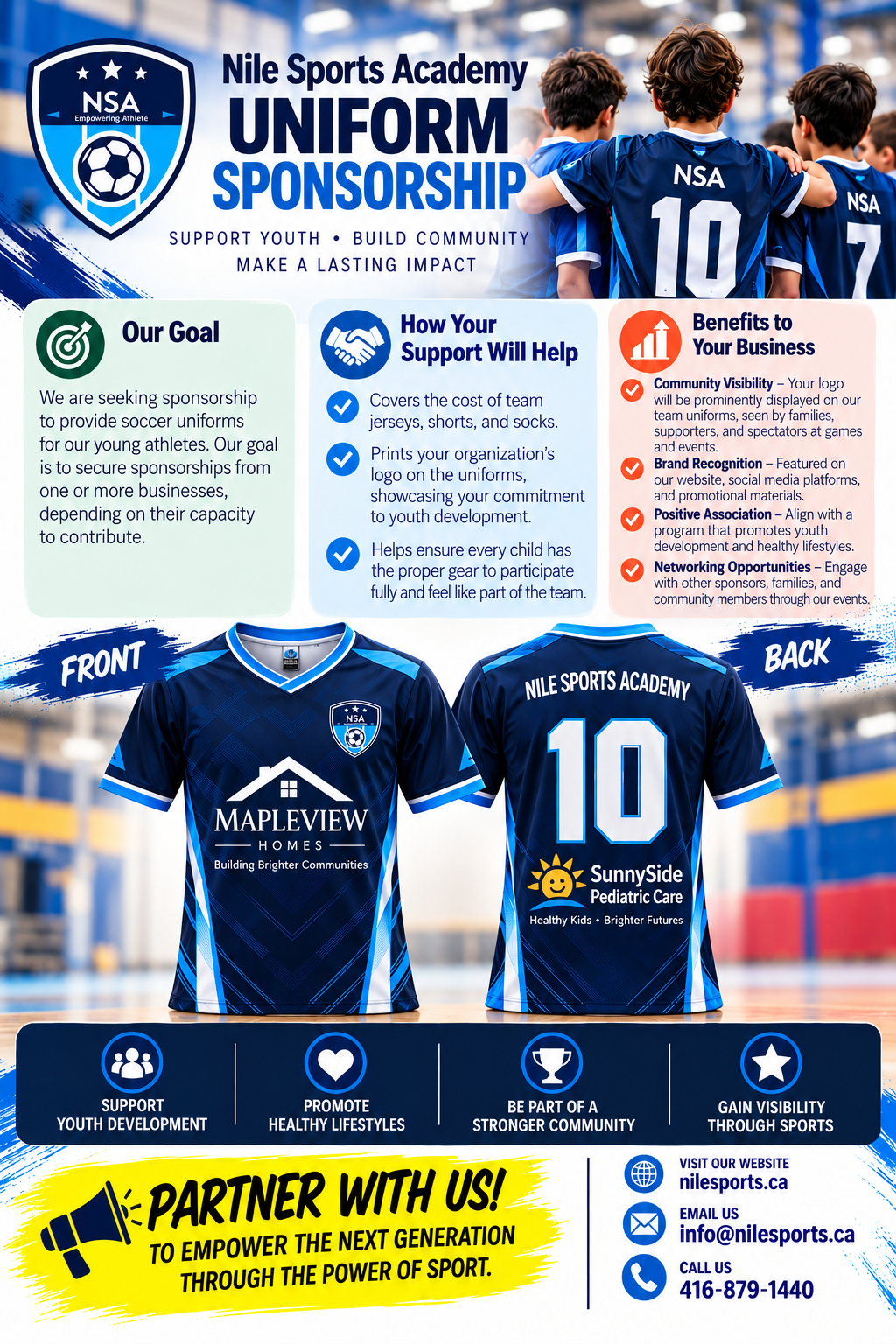 Nile Sports Academy uniform sponsorship proposal with front and back jerseys showing fictional Mapleview Homes and SunnySide Pediatric Care advertisements